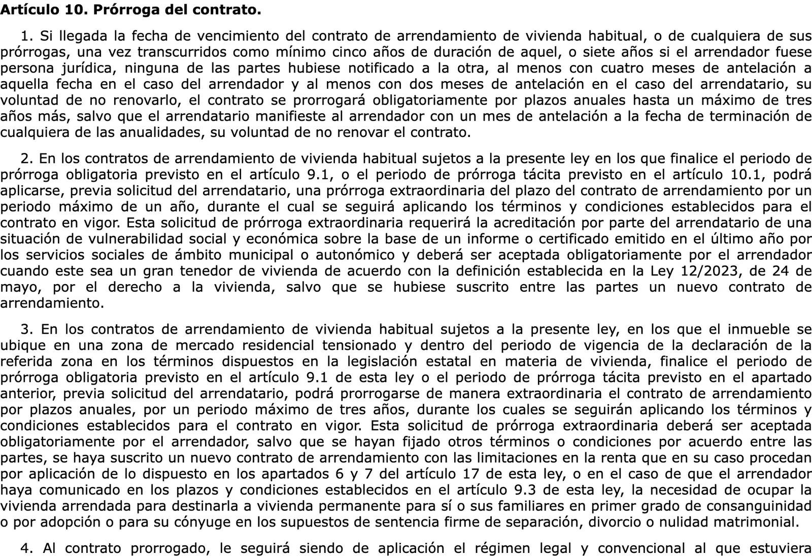 Official consolidated text of the Urban Leases Act on the extension of the contract, with its first paragraph on notice before expiry.