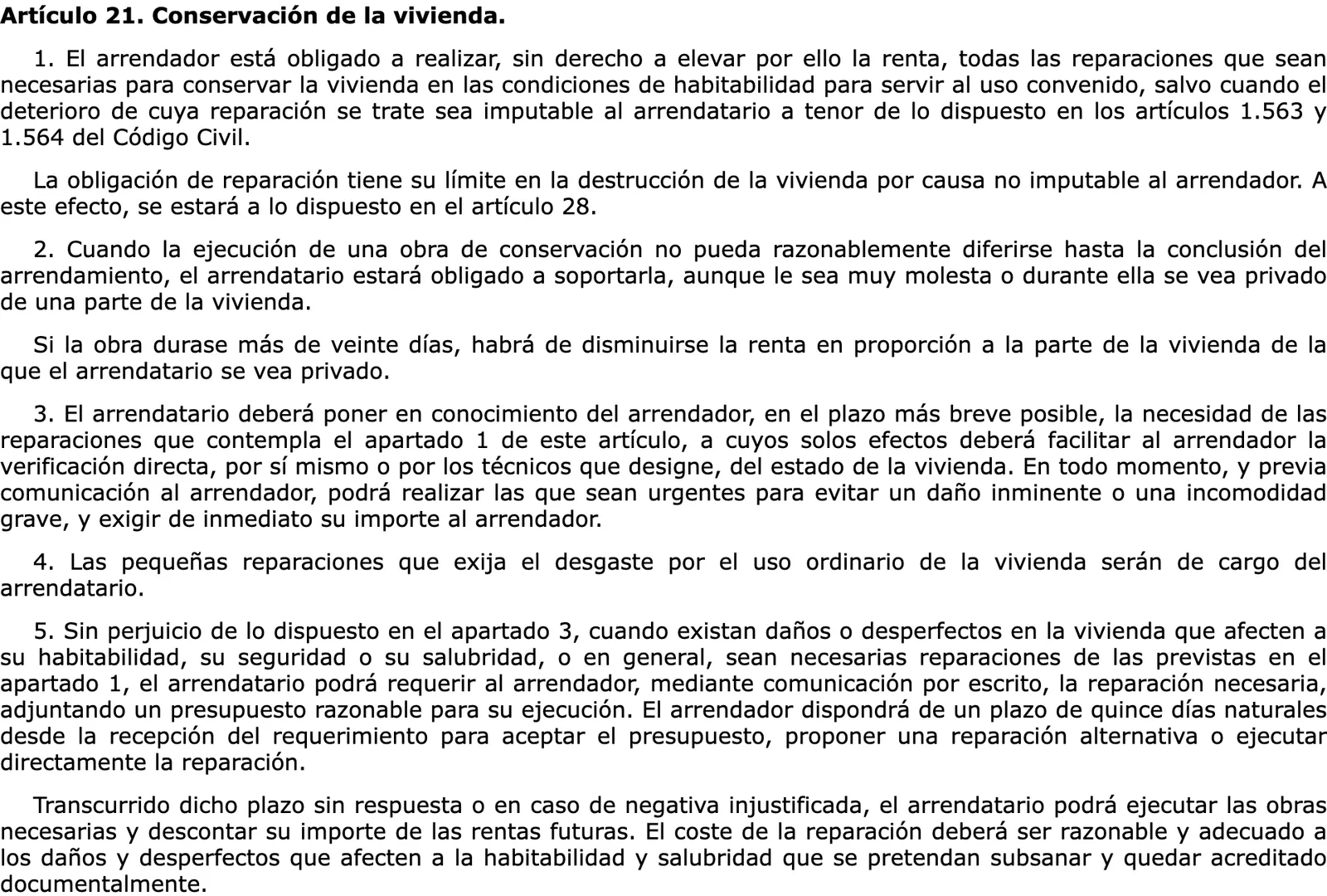 Official consolidated text of the Urban Leases Act on repairs and conservation of the home.