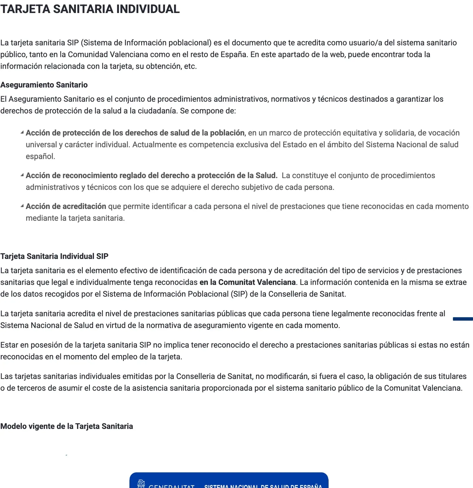 Conselleria page on the individual health card with a sample SIP card and labelled fields