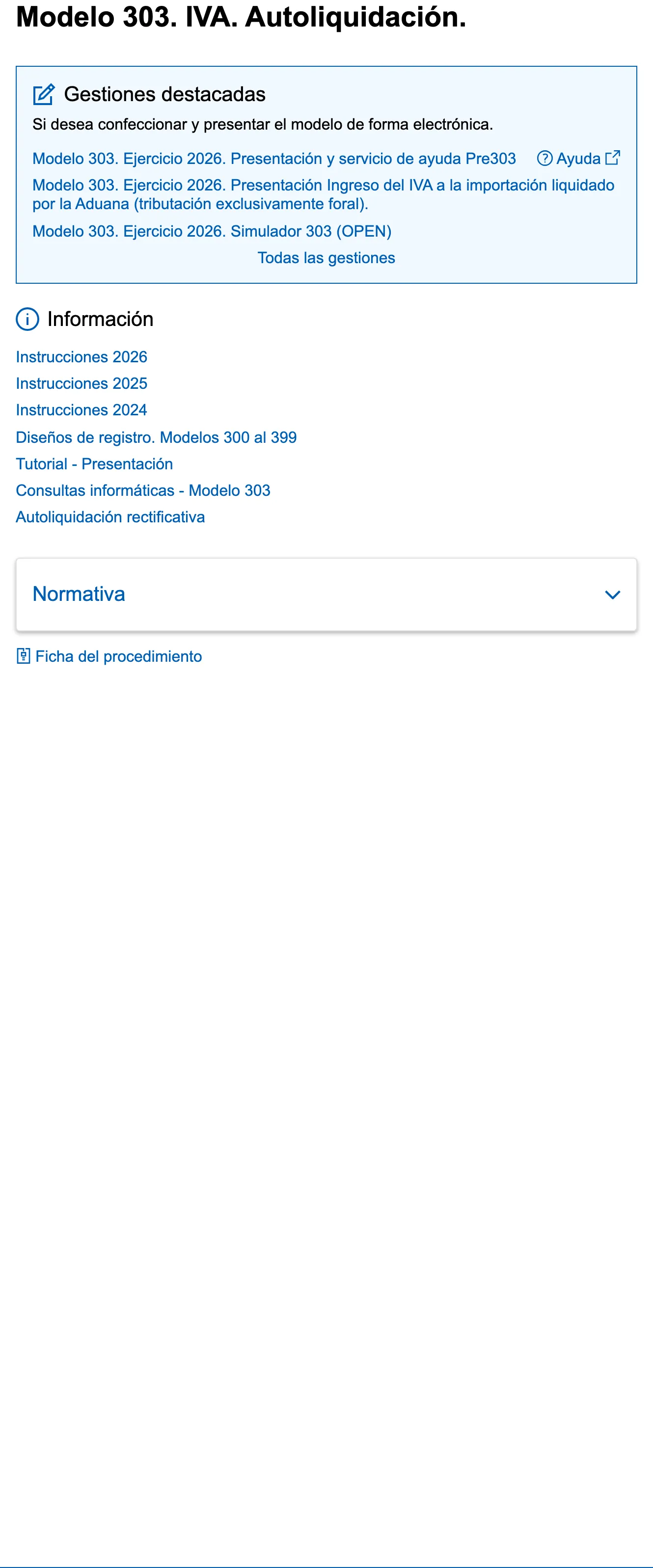 Tax Agency sede page for the VAT return form, with the online filing links