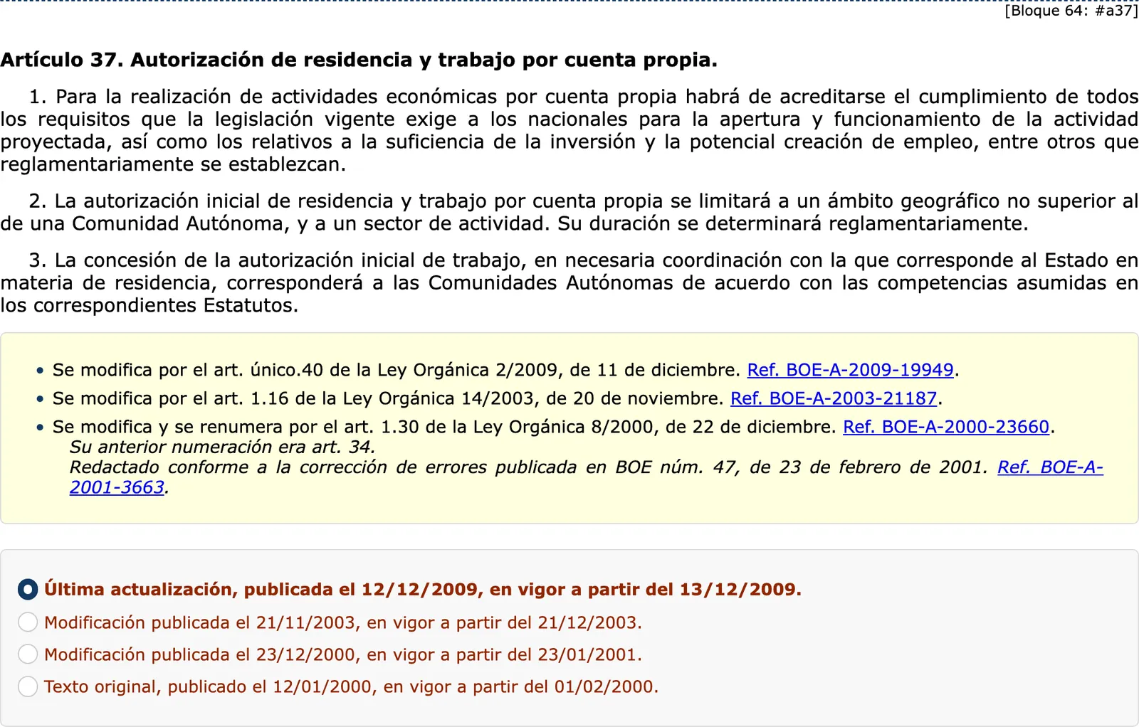 BOE consolidated text of the foreigners law article on residence and work on one's own account