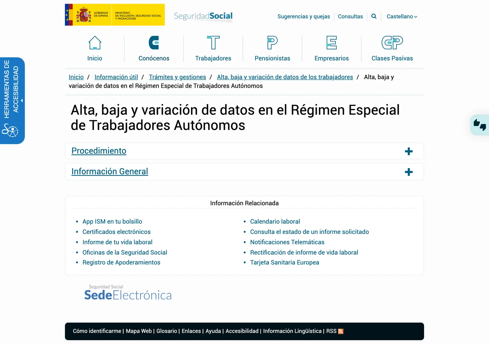 Social Security website page on registration, deregistration and data changes for self-employed workers