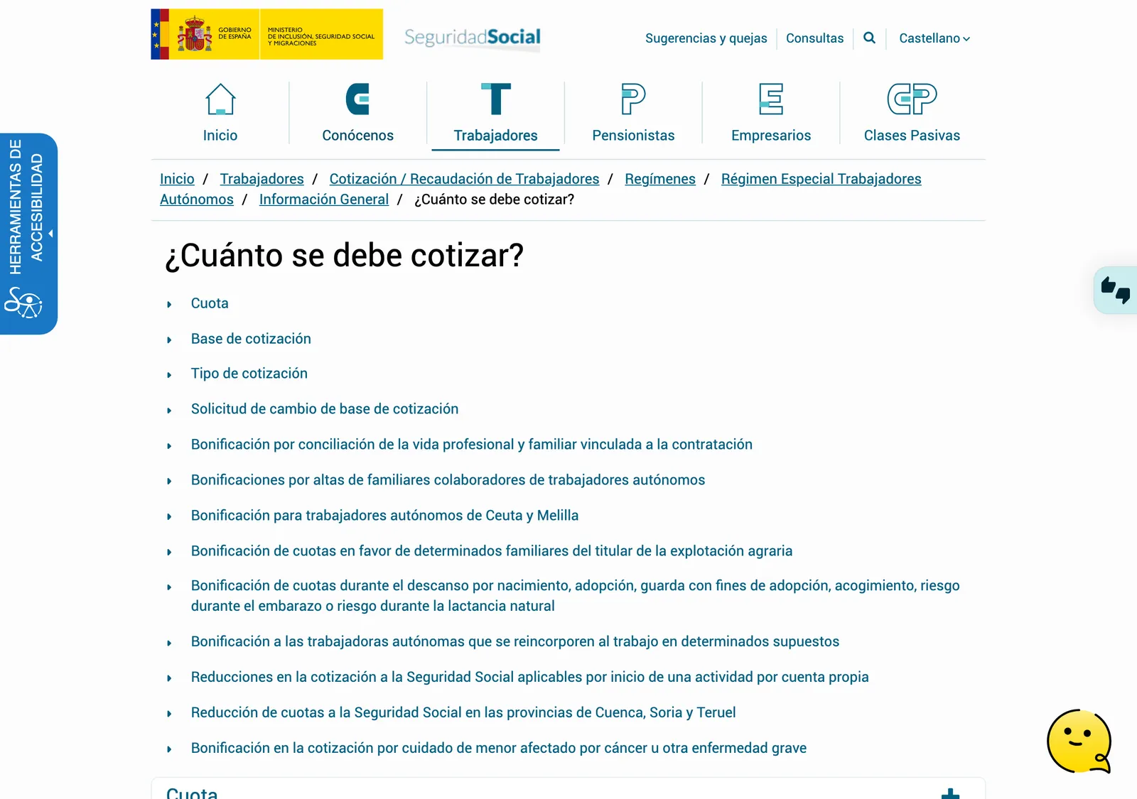 Social Security website page listing how self-employed contributions are worked out, including start-up reductions