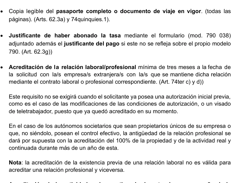 Page of Ministry guidance in Spanish listing application documents, including passport copy, fee proof and company proof.
