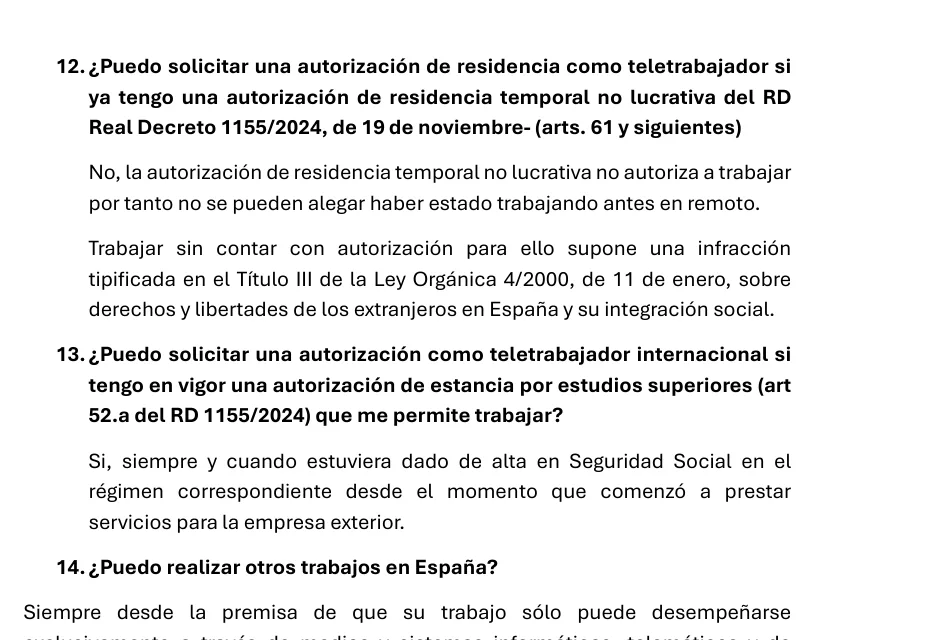 Page of Ministry questions and answers about holders of other permits and about work for Spanish companies.