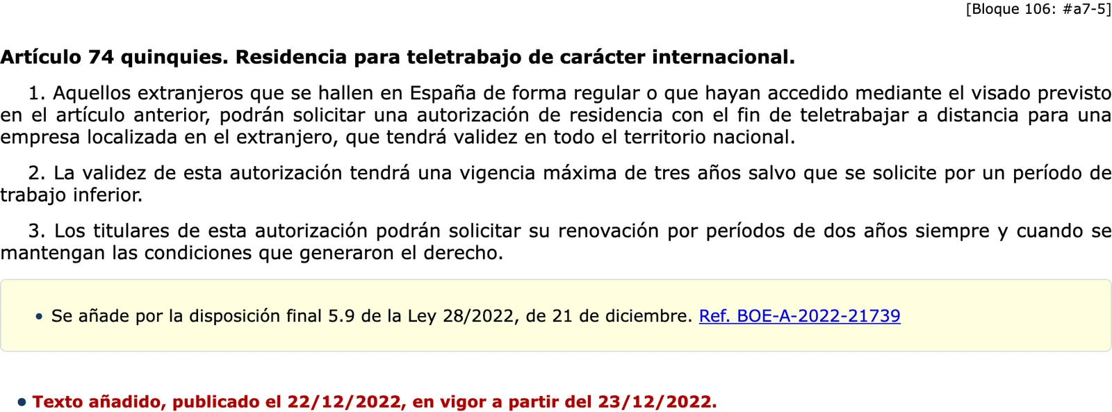 Screenshot of the official gazette text of the teleworking residence article in Spanish.