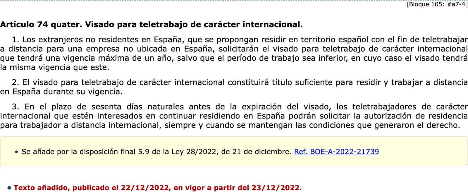Screenshot of the official gazette text of the teleworking visa article in Spanish.