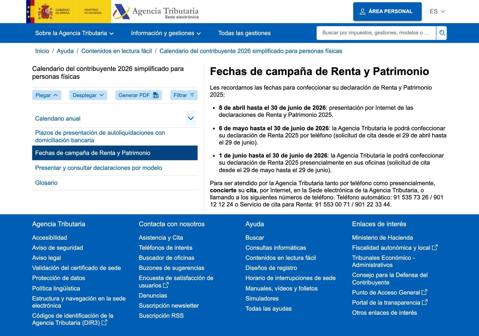 Tax Agency page headed dates of the Renta and Patrimonio campaign, listing online filing, phone help and in-person help.