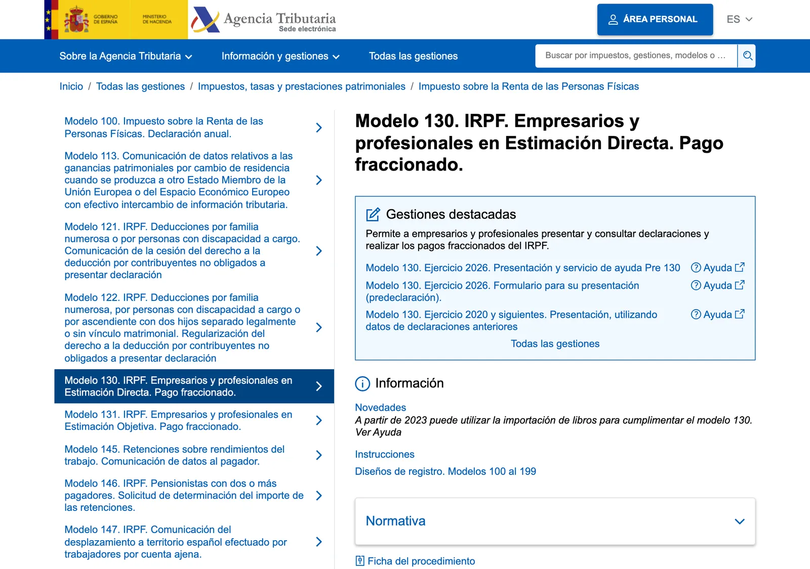 Tax Agency page for the quarterly income tax payment of businesspeople and professionals, with links to file the form.