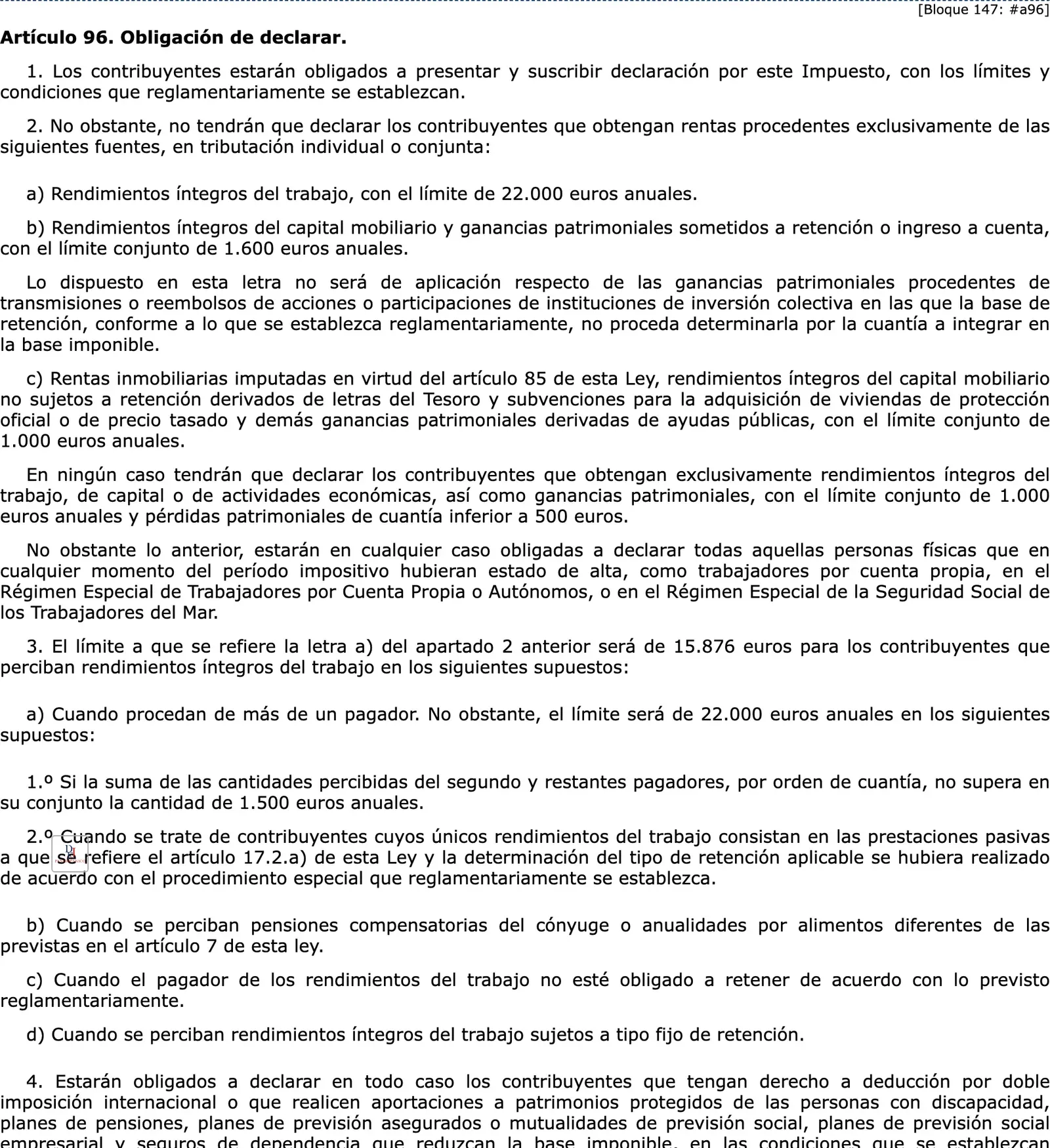 Official gazette text of the article on the duty to file, with the income limits below which no return is needed.