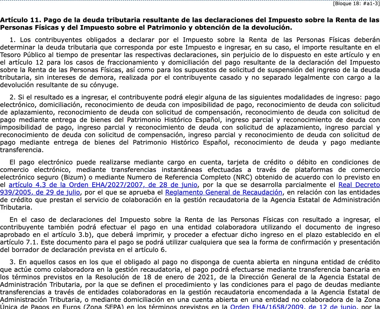 Official gazette text of the article on paying the tax due and the payment options.