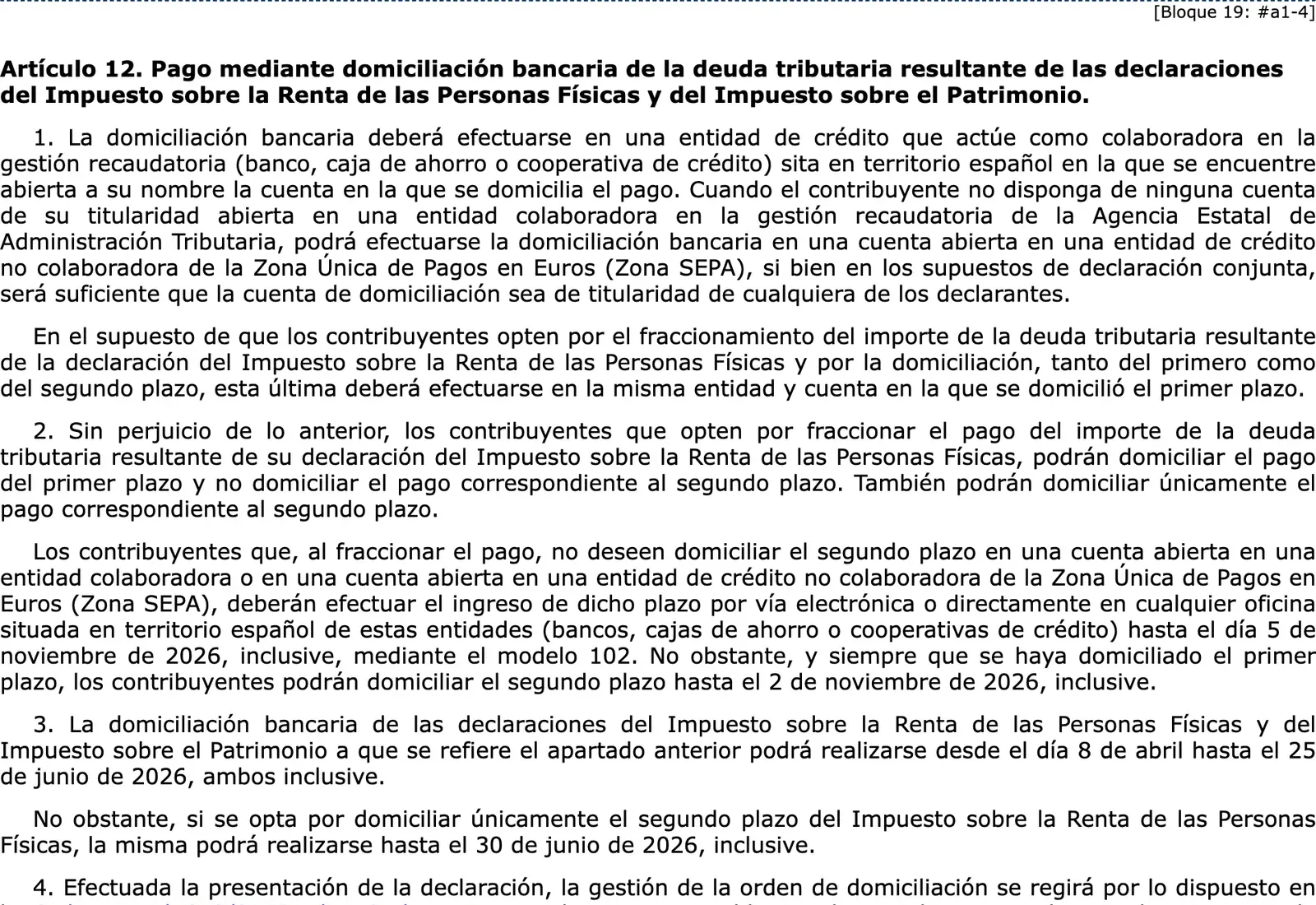 Official gazette text of the article on direct debit of the tax due, with the cut-off dates for the second instalment.