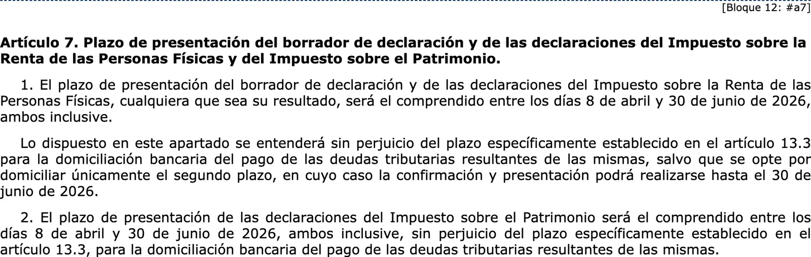 Official gazette text of the article that sets the filing period for the income tax return and the wealth tax return.