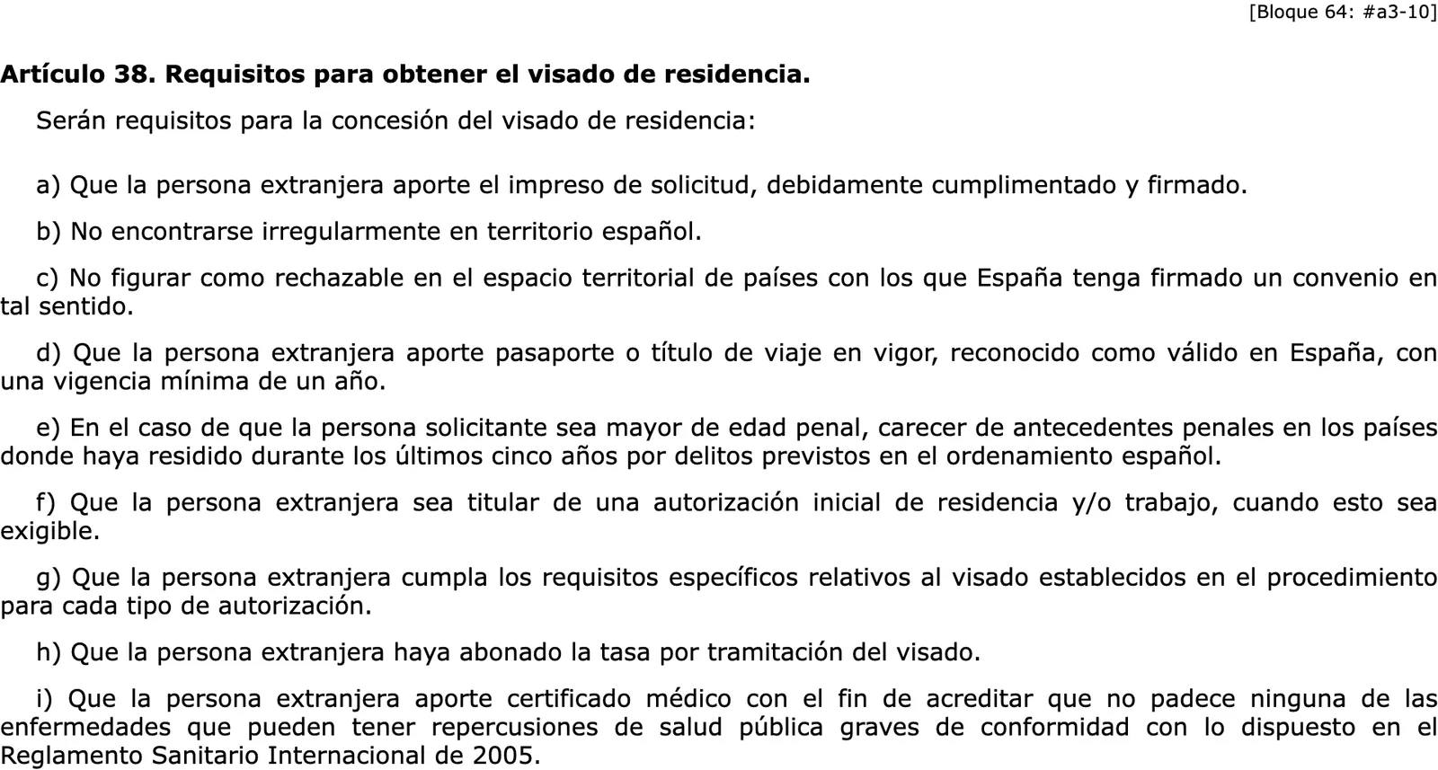 Screenshot of the official gazette list of requirements for a residence visa, in Spanish.