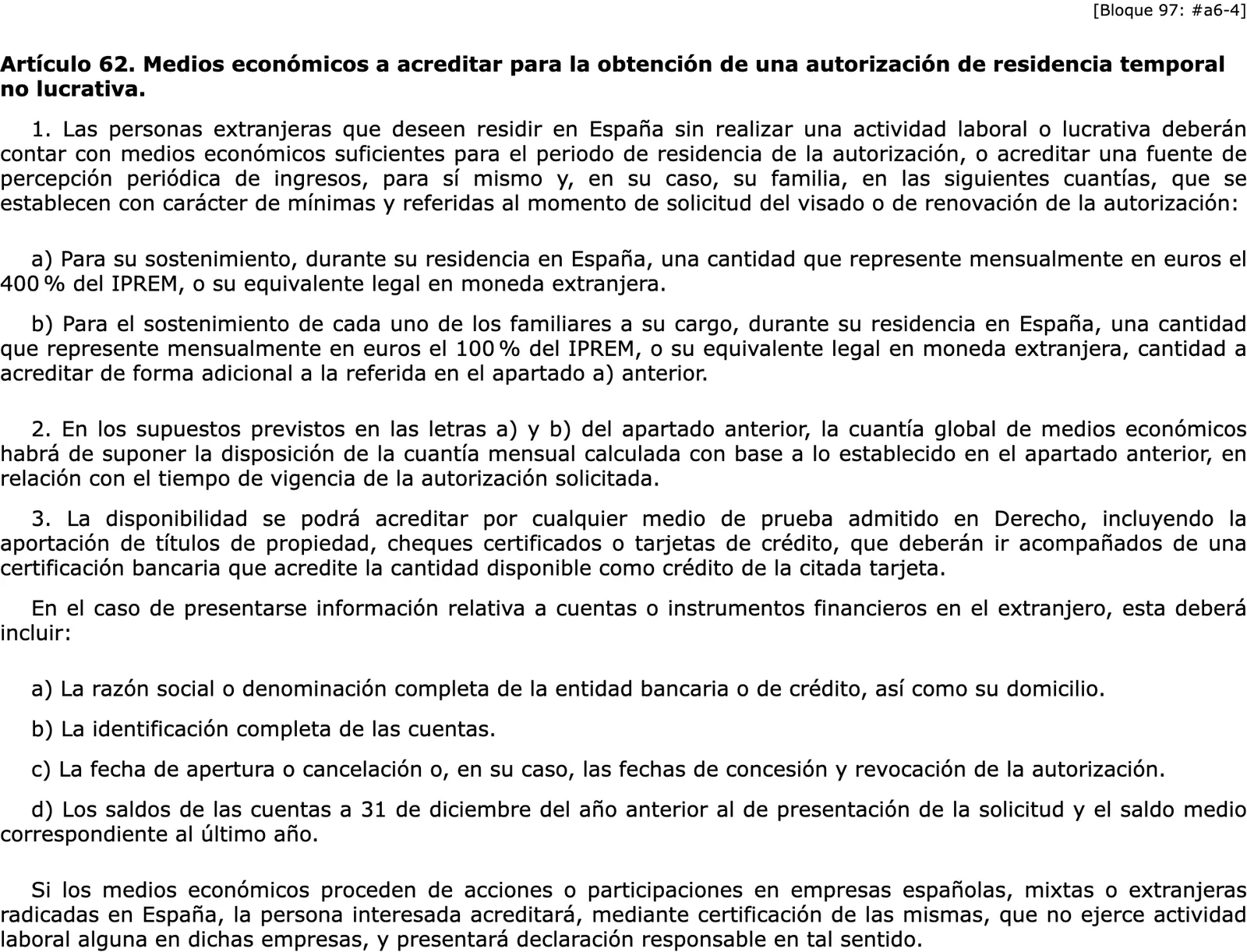 Screenshot of the official gazette text of the article on the means to prove for non-lucrative residence, in Spanish.