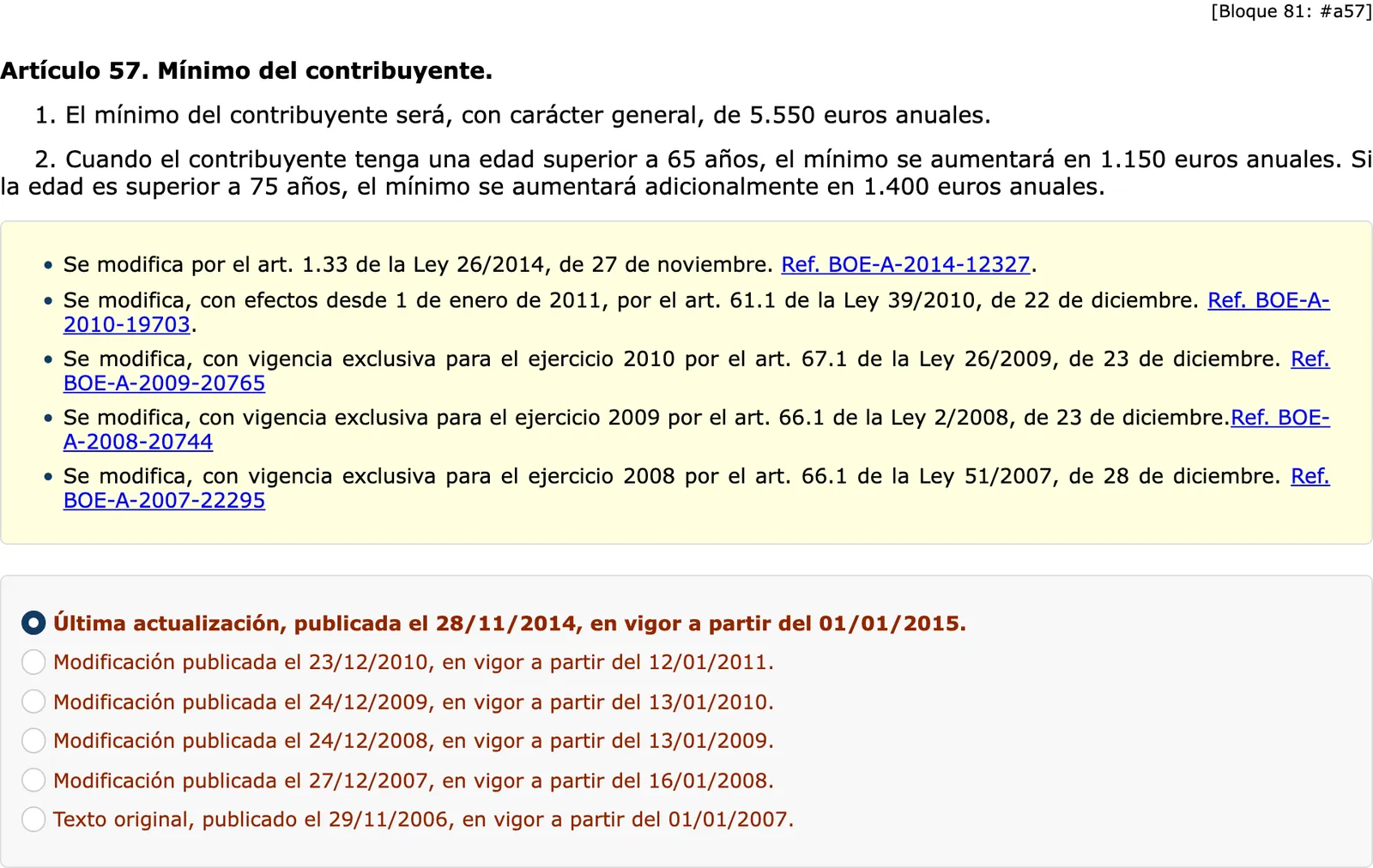 BOE consolidated text of the income tax law article on the personal minimum with the extra amounts for older taxpayers