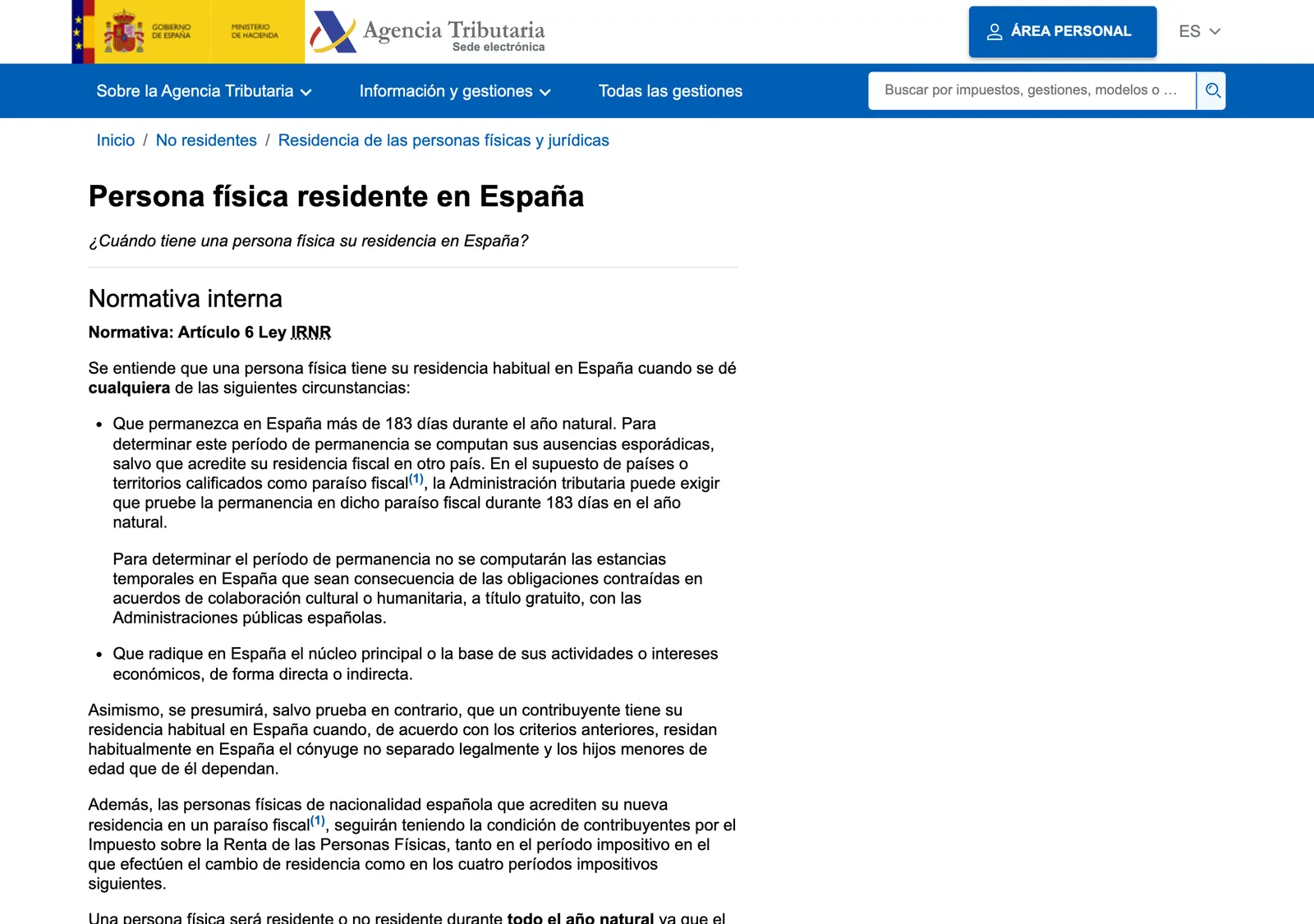 Tax Agency page headed Individual resident in Spain, with the criteria for habitual residence and the section on special cases.