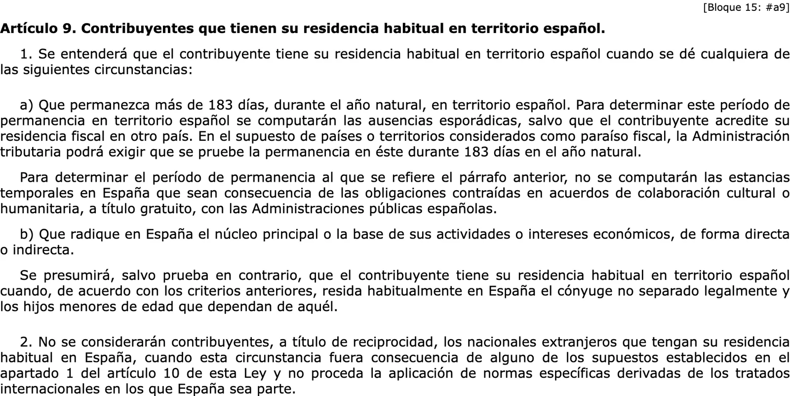 Official gazette text of the article that defines habitual residence in Spain for the IRPF law, with the list of circumstances.