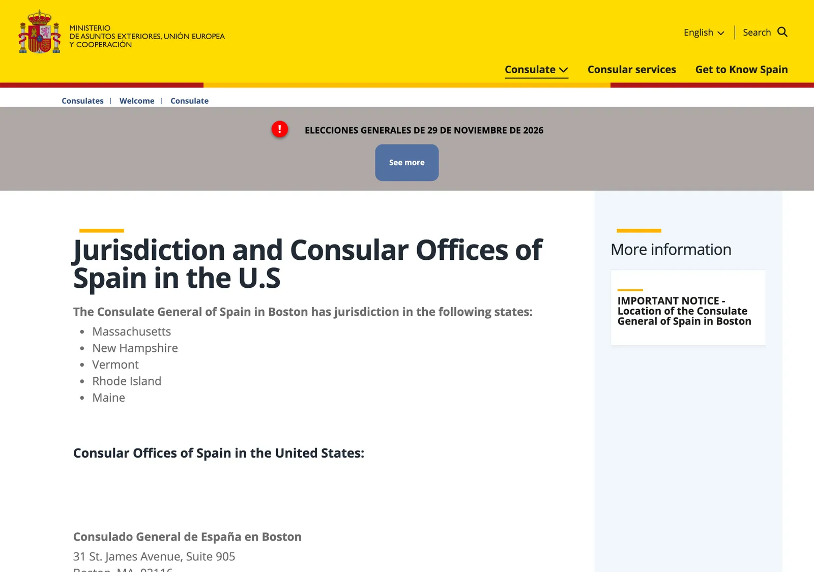 Spanish consulate page headed Jurisdiction and Consular Offices of Spain in the US, listing New England states.