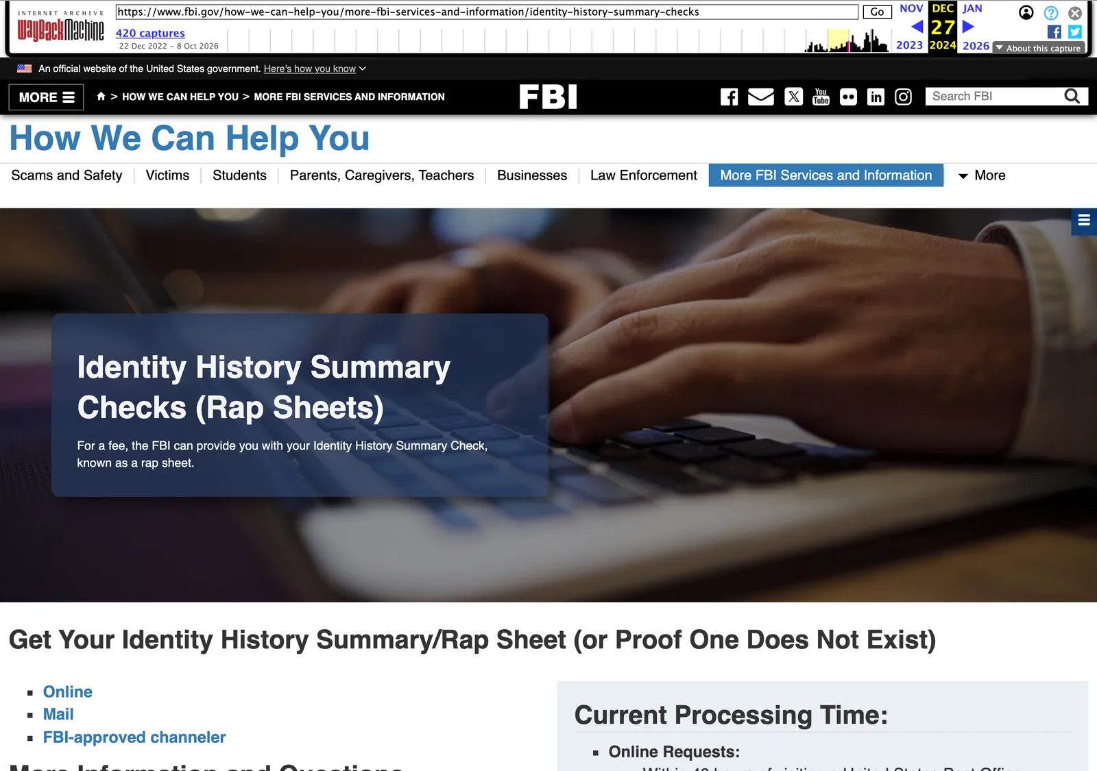 FBI page headed Identity History Summary Checks with the three ways to request one and a box for current processing times.