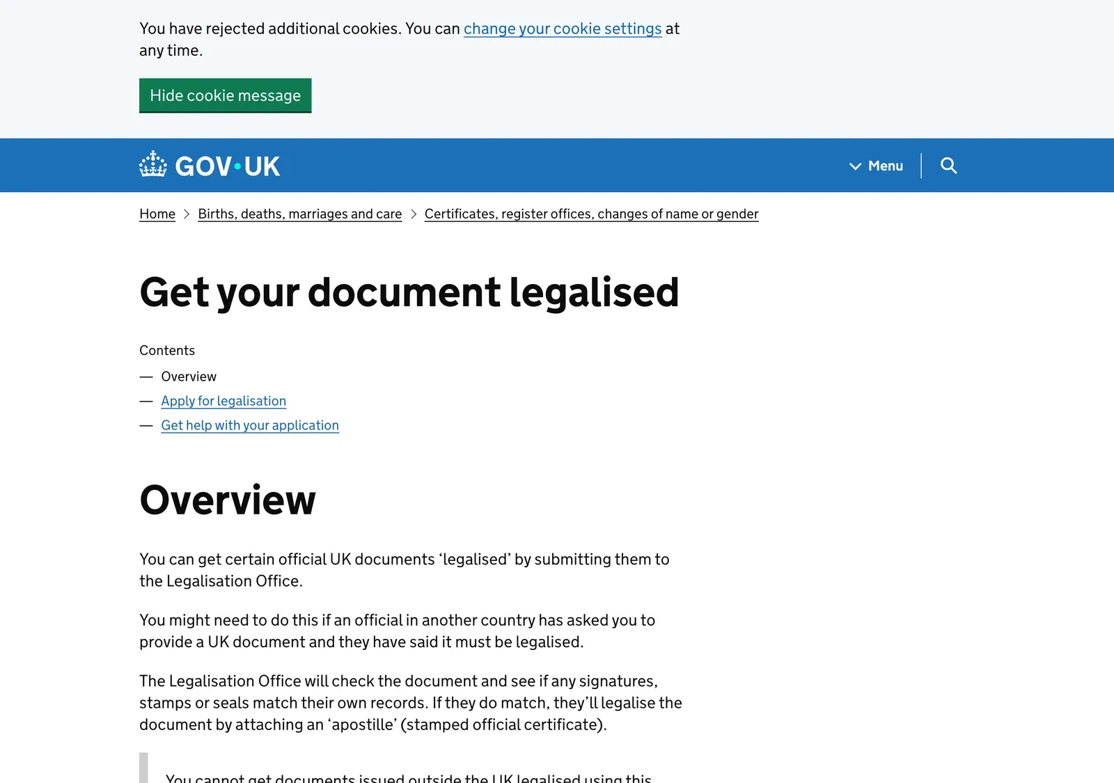 GOV.UK page headed Get your document legalised, with the overview of the Legalisation Office service.