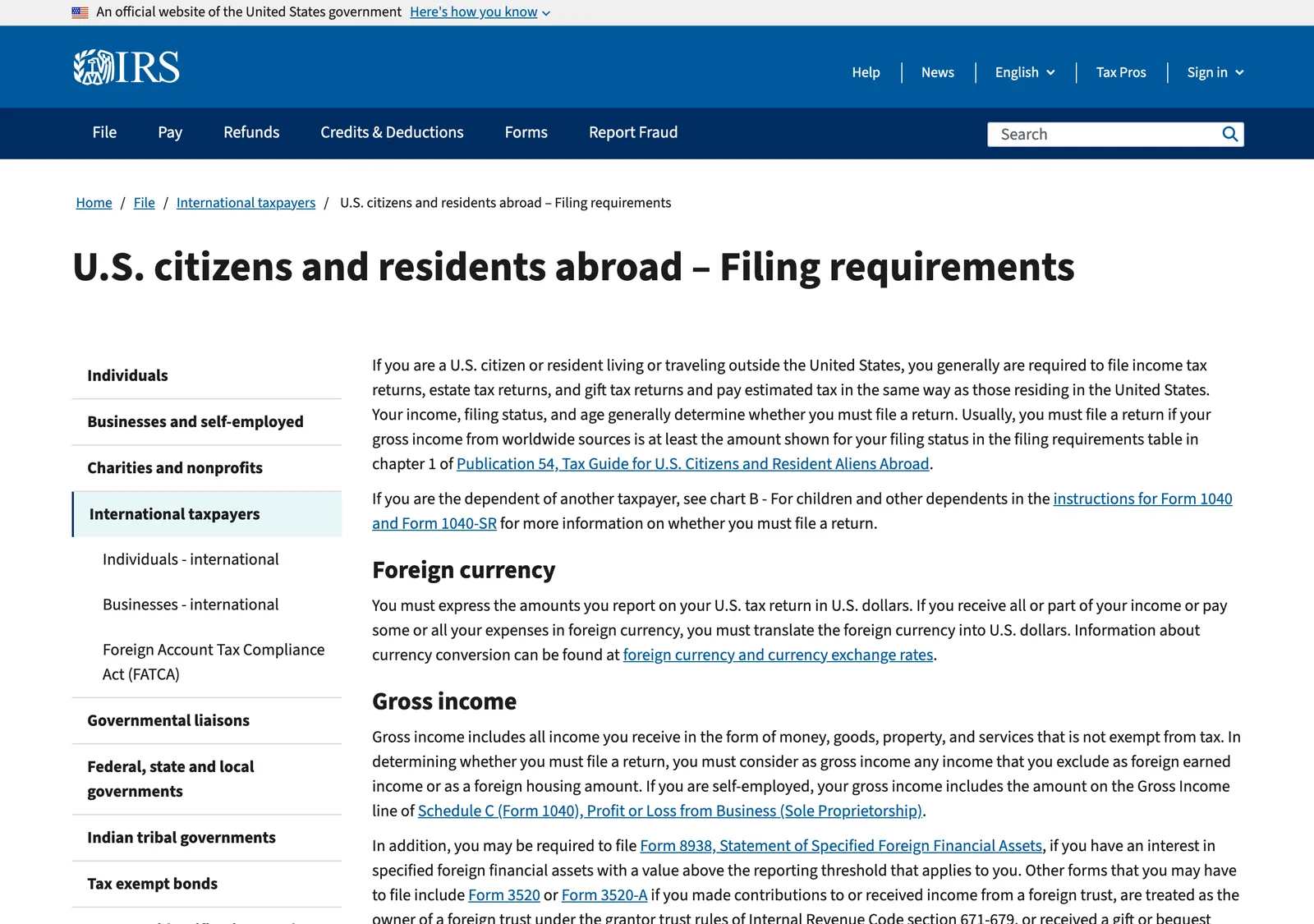 IRS page headed US citizens and residents abroad, filing requirements, with the opening paragraph on worldwide income.