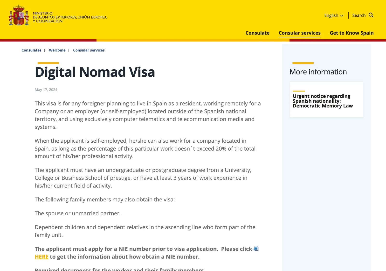 Spanish consulate page headed Digital Nomad Visa, with text on who the visa is for and a note on the NIE number.
