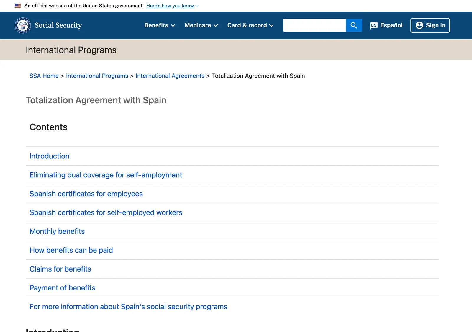 US Social Security Administration page headed Totalization Agreement with Spain with a list of contents.
