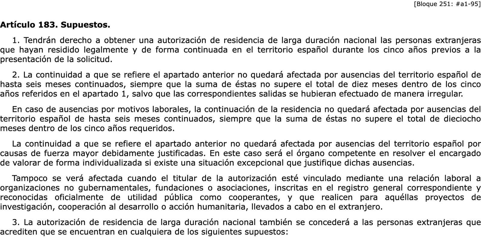 Screenshot of the official gazette text of the article on national long-term residence cases, in Spanish.