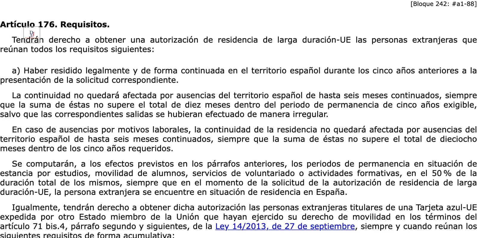 Screenshot of the official gazette text of the article on EU long-term residence conditions, in Spanish.