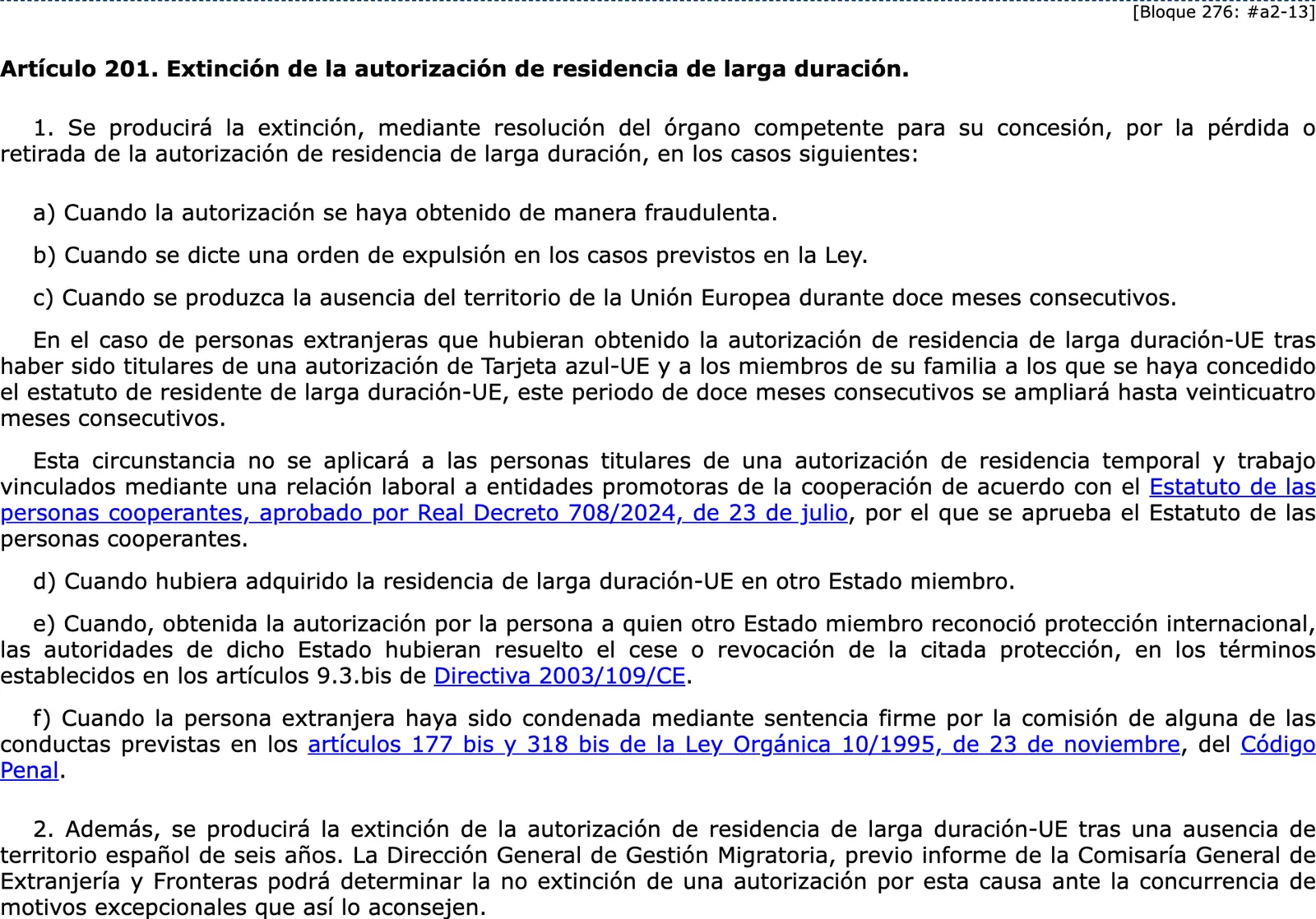 Screenshot of the official gazette text of the article on ending long-term residence, in Spanish.