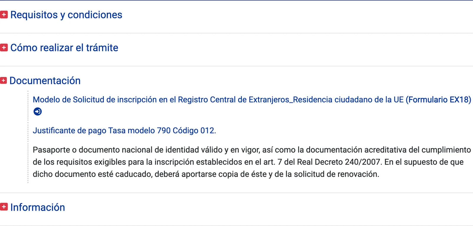 Documentation section of the National Police page for the EU citizen registration certificate listing form EX18 and the fee receipt