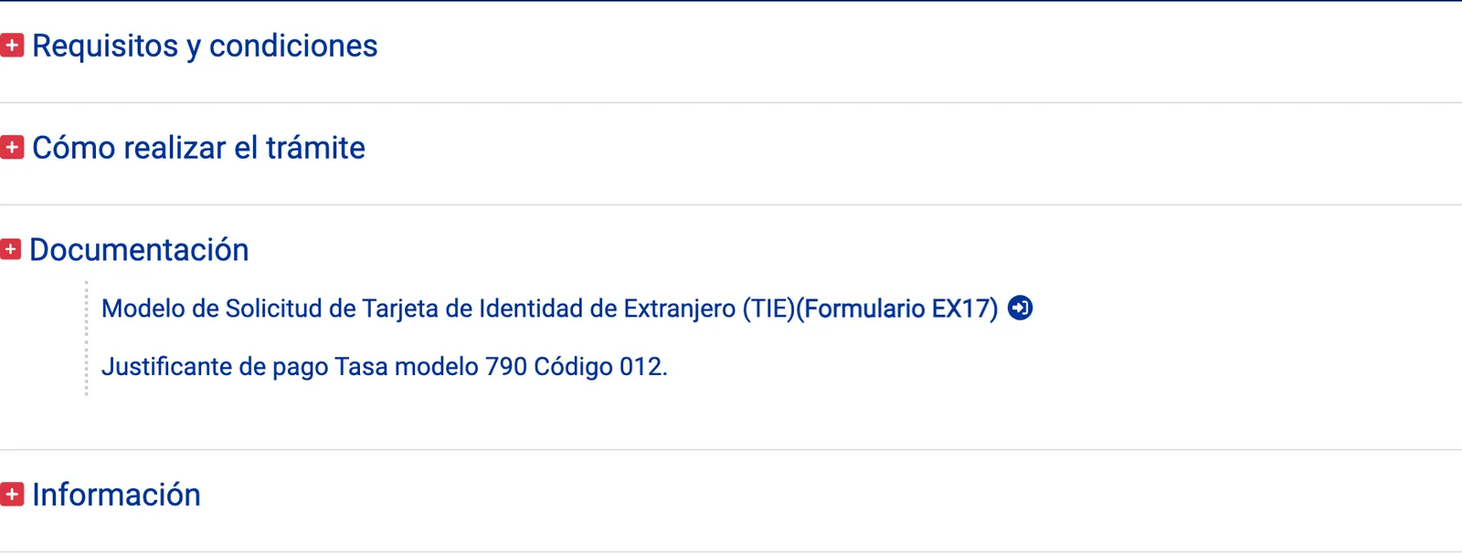 Documentation section of the National Police TIE page listing form EX17 and the fee payment receipt