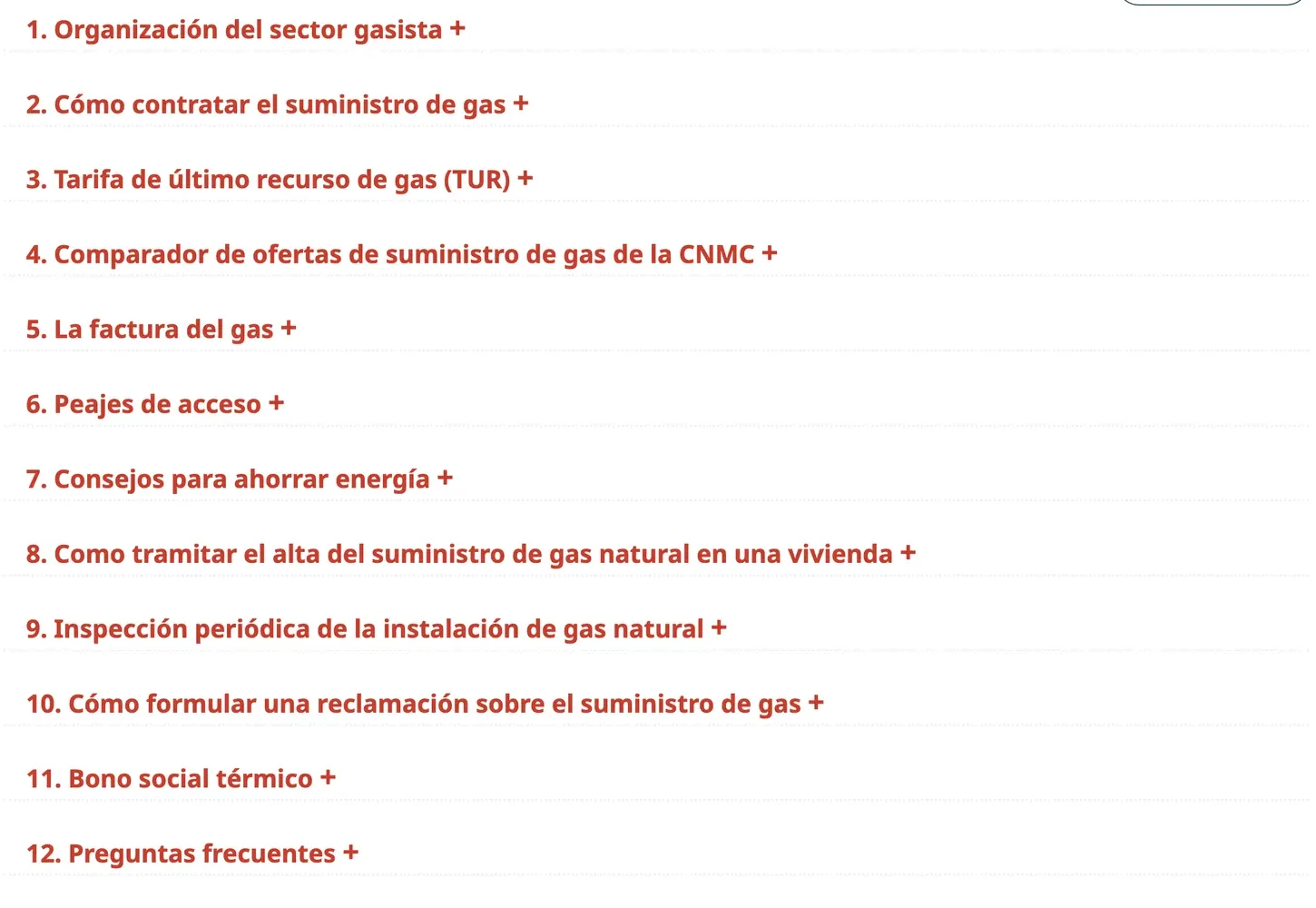 Regulator gas guide showing a list of expandable sections on contracting, tariffs, the bill and complaints.