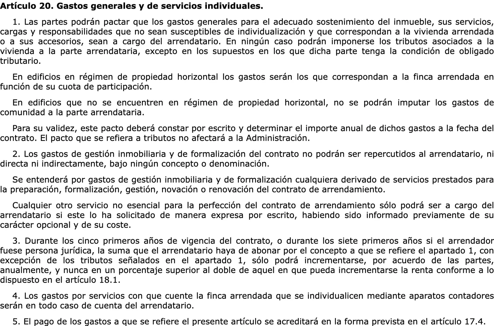 Official consolidated text of the Urban Leases Act on general expenses and individual services.