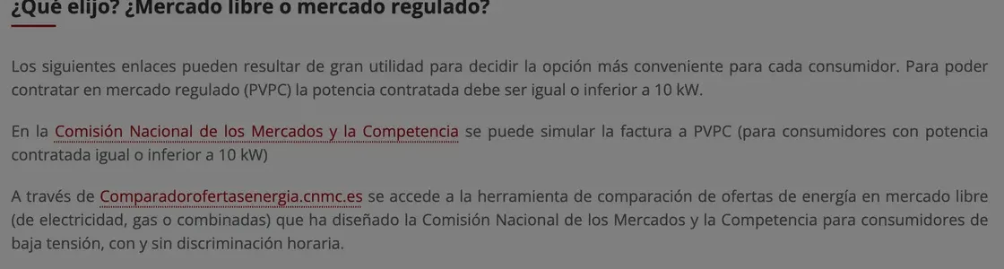 Ministry page section asking whether to choose the free or the regulated electricity market, with links to simulators.