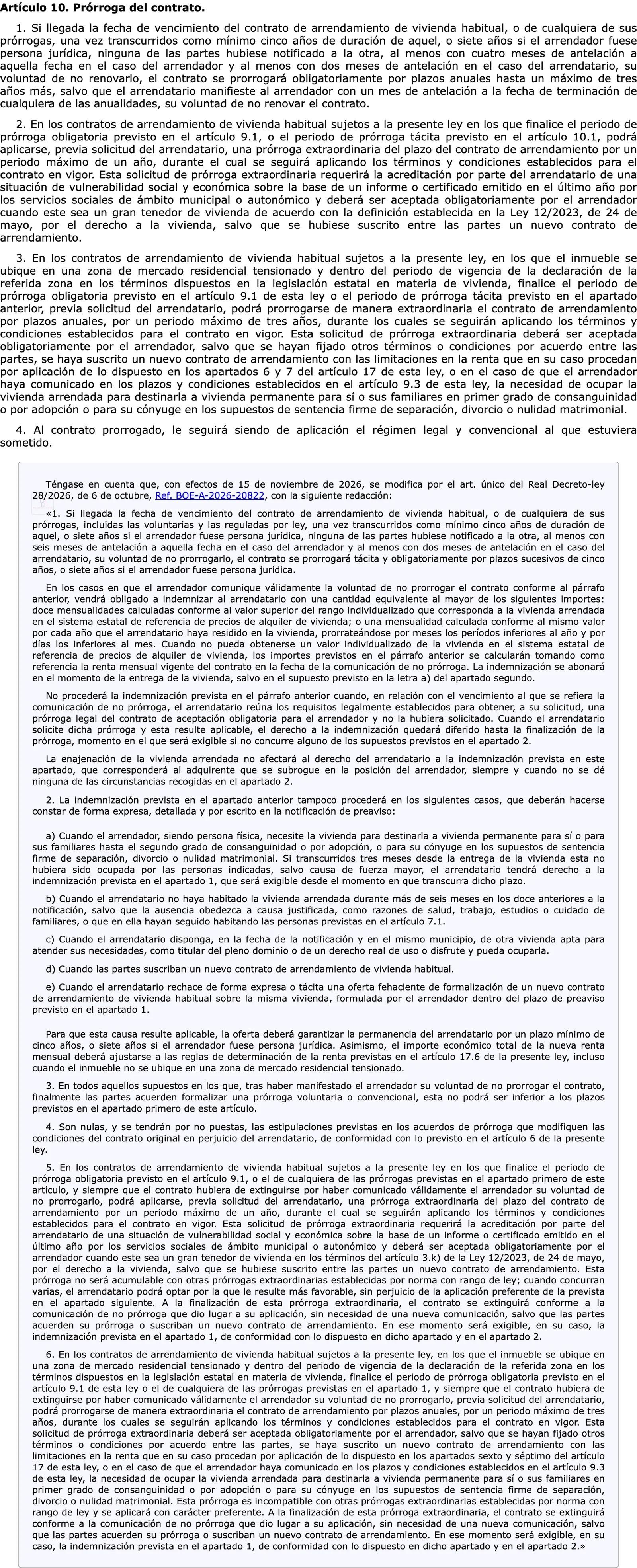 BOE text of the Urban Leases Act article on extension of housing leases.