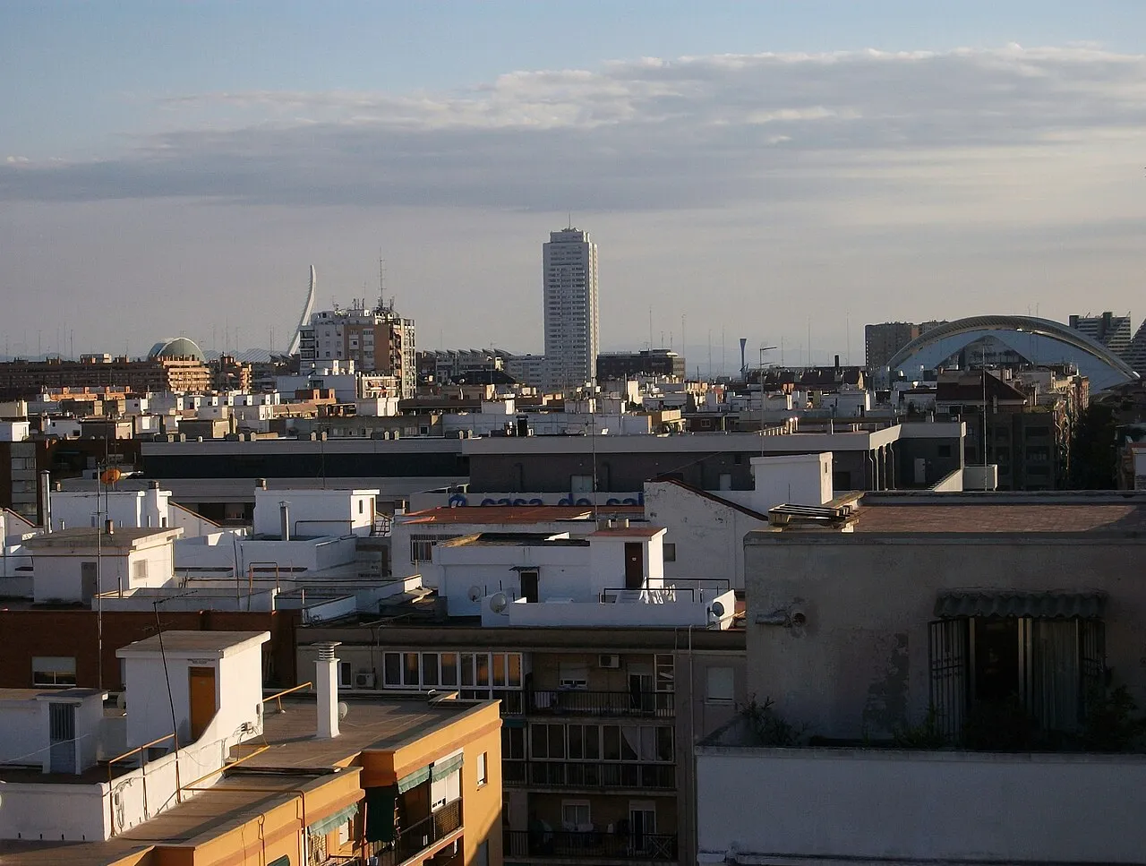 Rooftops and apartment blocks of the Camins al Grau district at dusk with a tall tower behind.