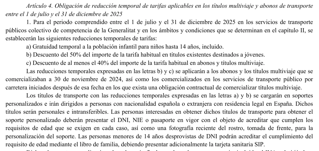 Page of the official gazette with the decree article on free travel for children and discounts for young people