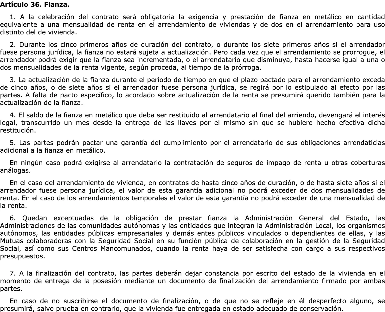 Official consolidated text of the Urban Leases Act on the fianza and the document signed when the lease ends.