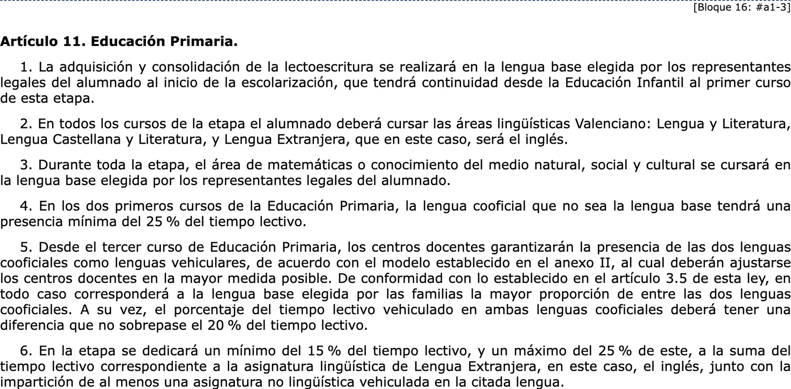 Official gazette text of the article on Primaria, with the shares of lesson time for each language.