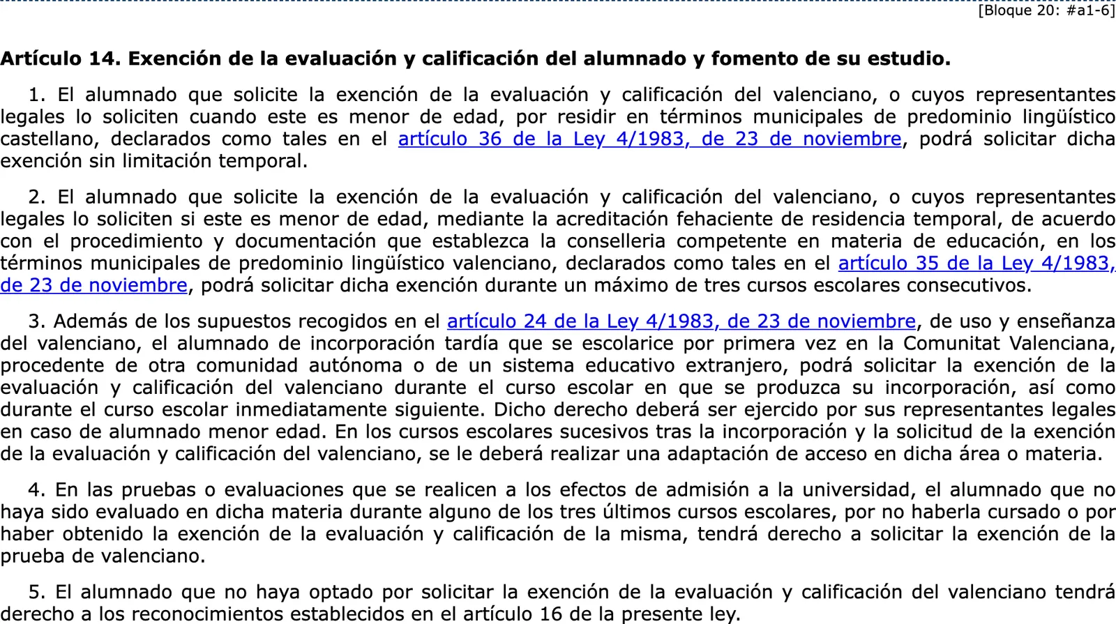 Official gazette text of the article on exemption from assessment and grading of Valencian, with its five sections.