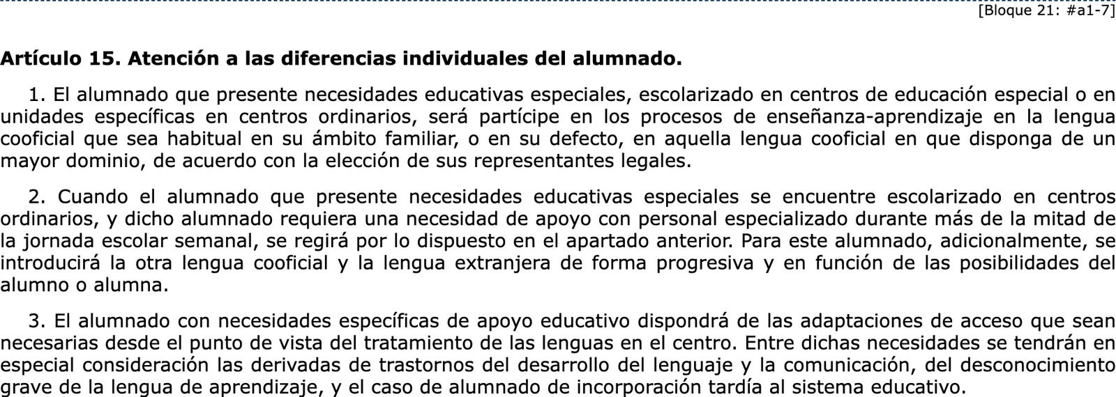 Official gazette text of the article on individual differences, with the access adaptations for languages.