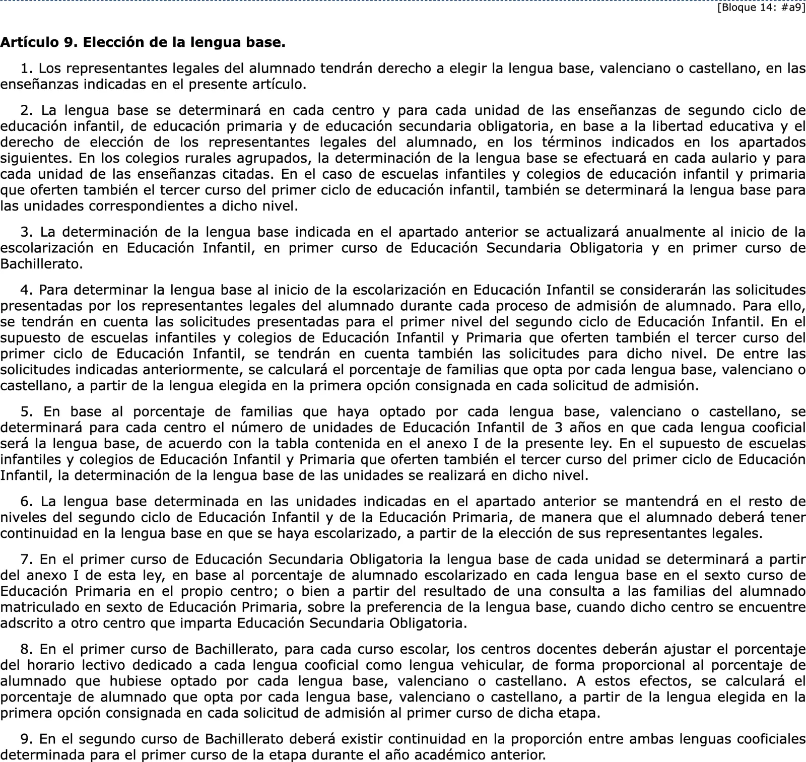 Official gazette text of the article that gives families the right to choose the base language in the Valencian zone.