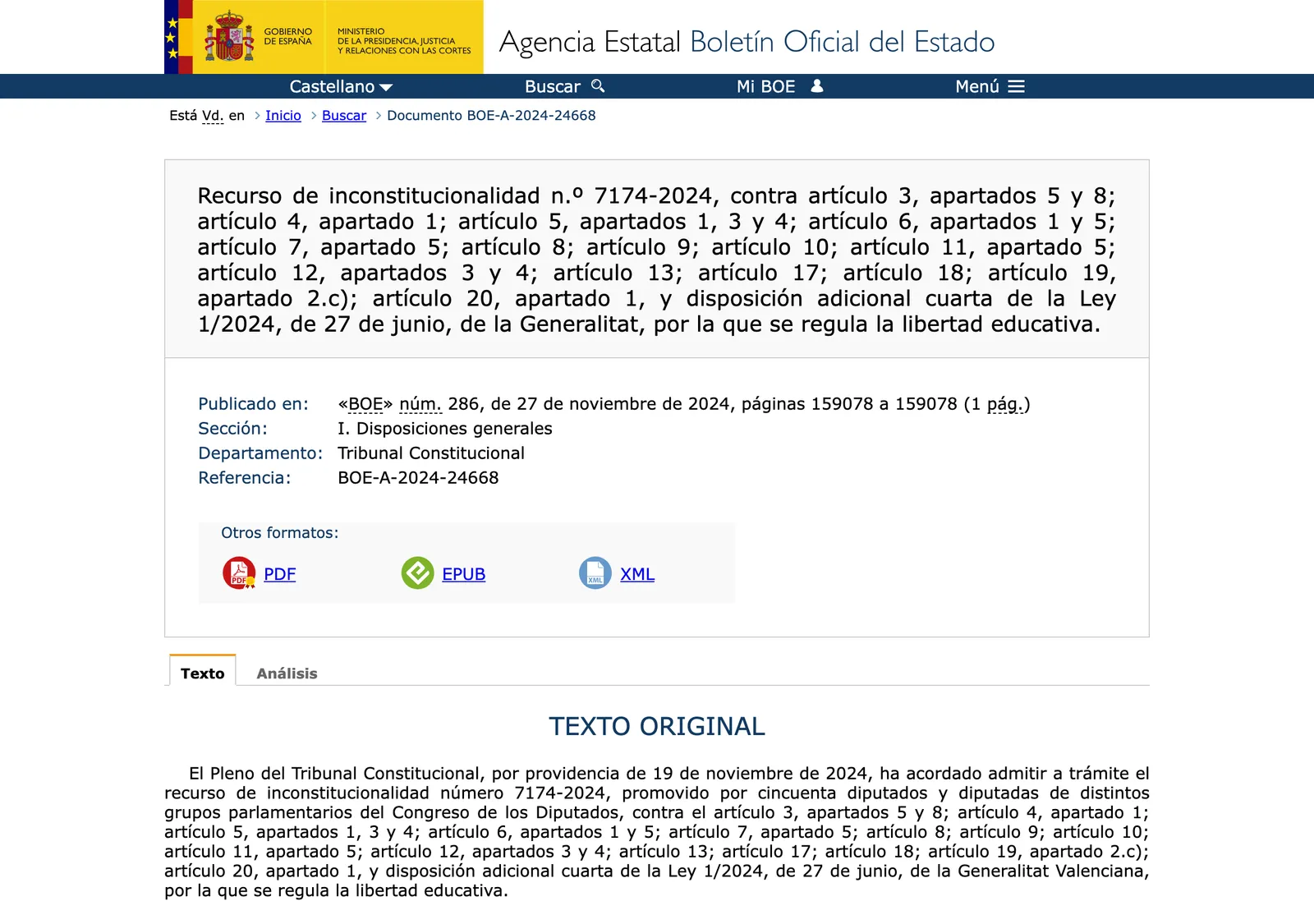 Official gazette notice of a Constitutional Court challenge against the language-choice law, with the list of challenged articles.