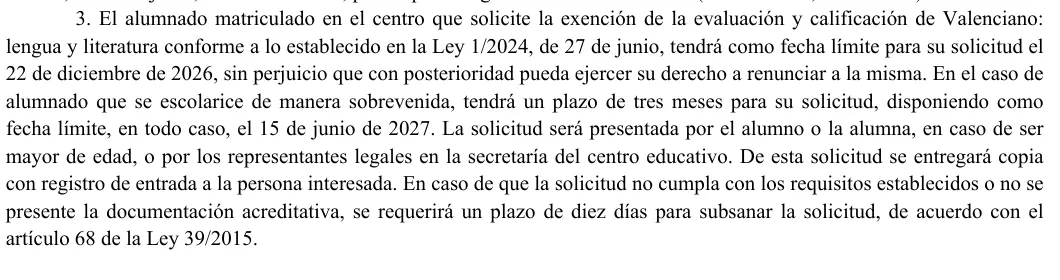 Valencian gazette paragraph on how and where to ask for the exemption from Valencian assessment, with the cut-off dates.