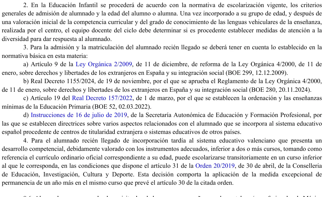 Valencian gazette page on newly arrived pupils, with the initial assessment and the placement one year below.
